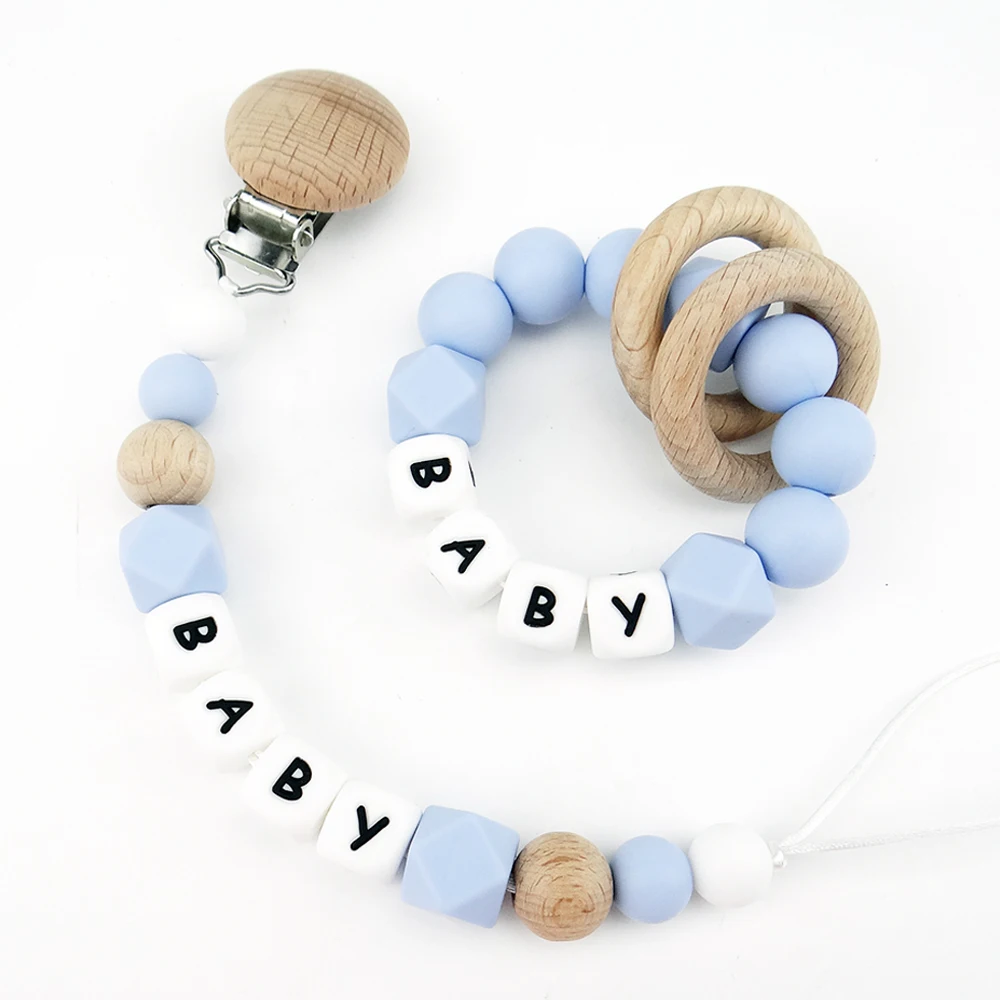 2PCS Personalized Name Pacifier Clips Silicone Letter Beads Teething Bracelet Wooden Nipple Holder Dummy Chain Baby Shower Gifts