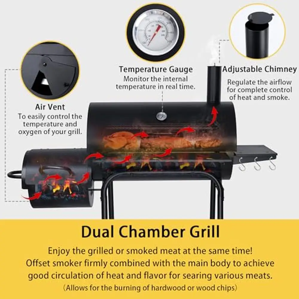 Charcoal Offset Smoker Grill 770Sq.In. Cooking Area Heavy Gauge Steel BBQ Barrel Grill with Side Box Temperature Control Oxford