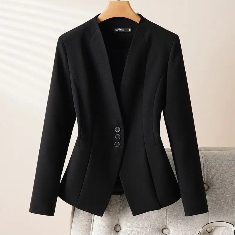 Fashion Collarless Suit Coat Woman Spring Autumn 2026 New Short Little Blazer Jacket Ladies White Outwear Slim V-neck Overwear
