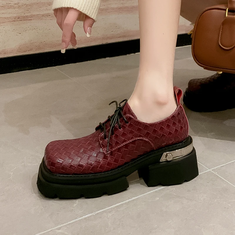 

Genuine Leather 2026 Spring New Square Toe Flats Woven Platform Women Loafers Lace Up Height Increase Women Shoes