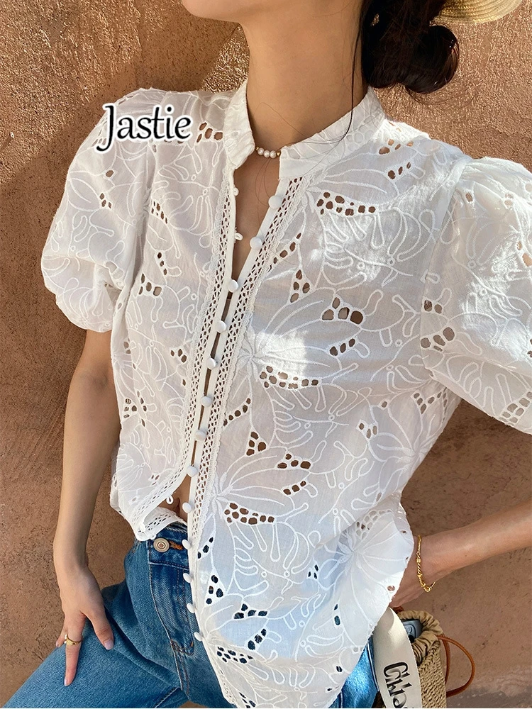 

Jastie 2024 Spring And Summer New French White Shirt Tops Women's Short Sleeve Cotton Embroidered Women's Shirt Blouse Blusa