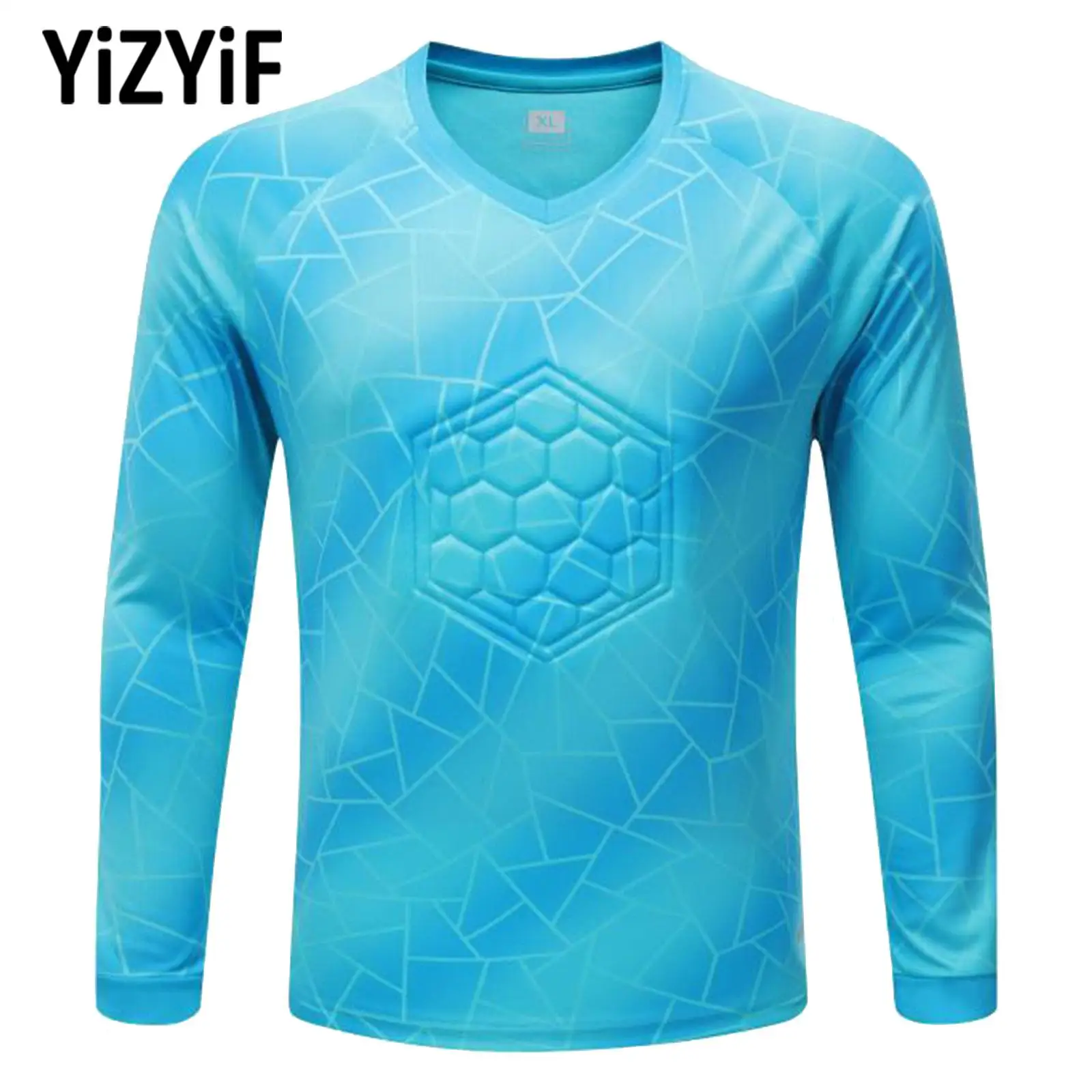 

Kids Boys Goalkeeper Padded T-shirt Geometric Print Goalie Shirt V Neck Long Sleeve Football Training Tops Sportwear