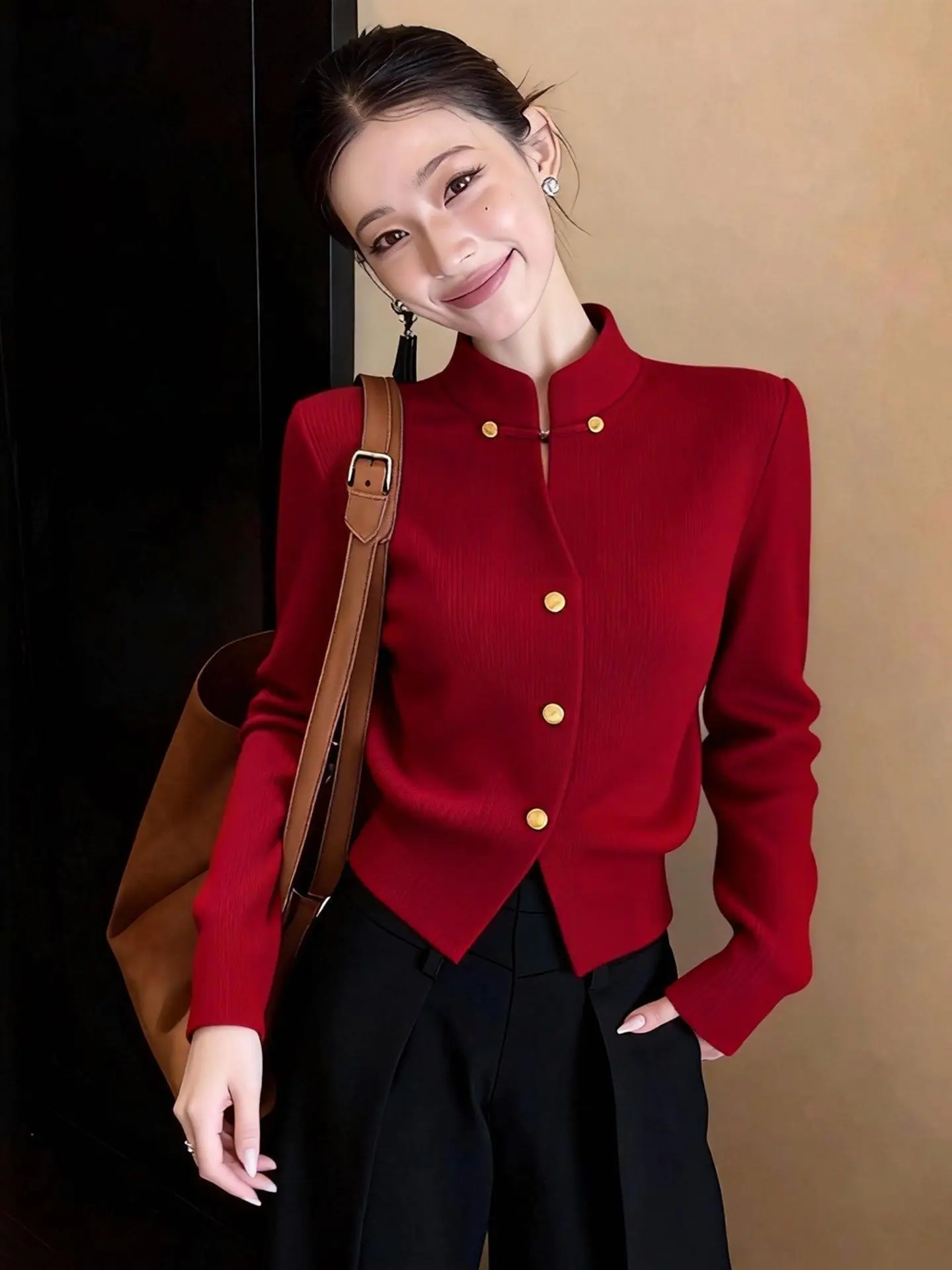 

Красный длинный кардиган с открытыми рукавами, женский повседневный свободный топ, модный новый китайский стиль, зимняя новинка, элегантная сенсация