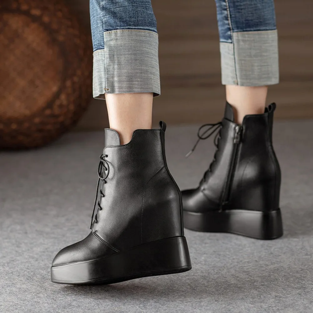 Cow Leather Platform Ankle Boots Ladies Fashion Wedges Shoes For Women Height Increasing High Heels Autumn Pumps Shoes Woman