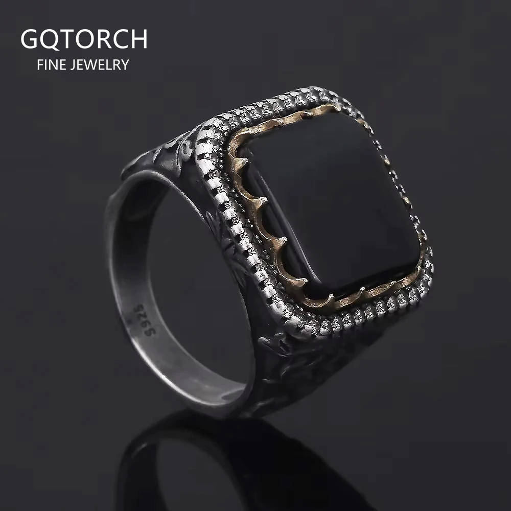 

925 Sterling Silver Celtic Style Engraved Turkish Ring with Black Agate Jade Natural Gemstone Signet Ring Vintage Luxury Jewelry