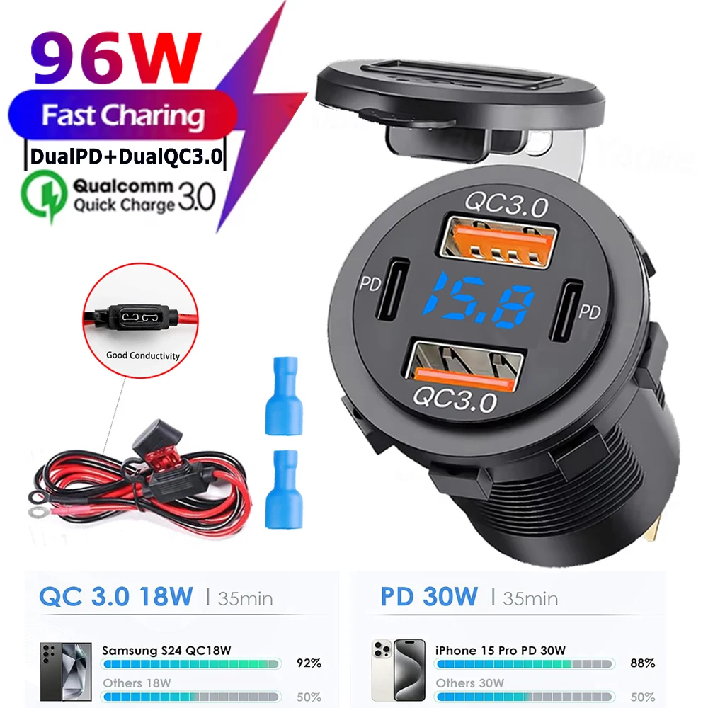 

96W Car Charger Power Outlet Socket Dual QC3.0 USB & Dual PD3.0 Type-C Fast Charging Outlet with LED Voltmeter For 12-24V Cars