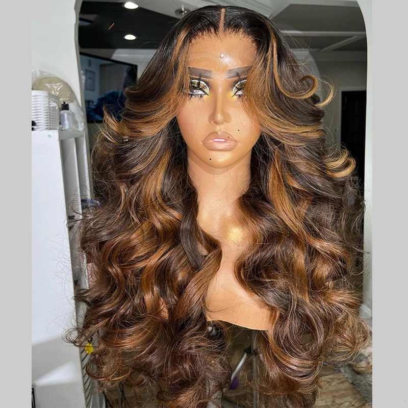 1B/30 Balayage Highlight Body Wave 13x4 Парики из бразильских человеческих волос на кружеве спереди 30-дюймовые парики из натуральных волос коричневого цвета с эффектом омбре на продажу