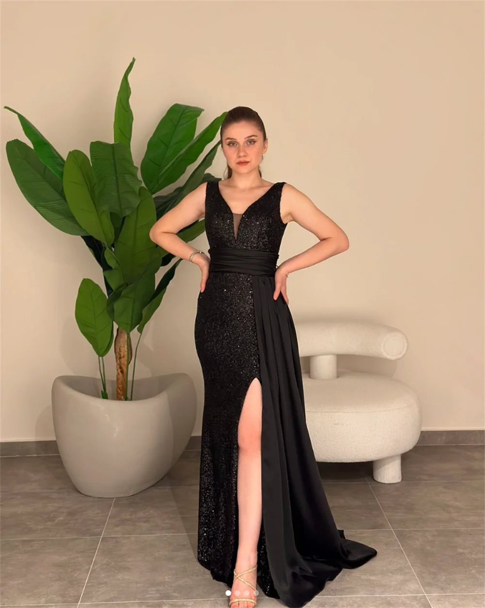 Jessica Black Wedding Dress Sequin Satin Luxury Arabian Ladies Prom Dresses Mermaid V-neck Elegant Bespoke Occasion Dresses