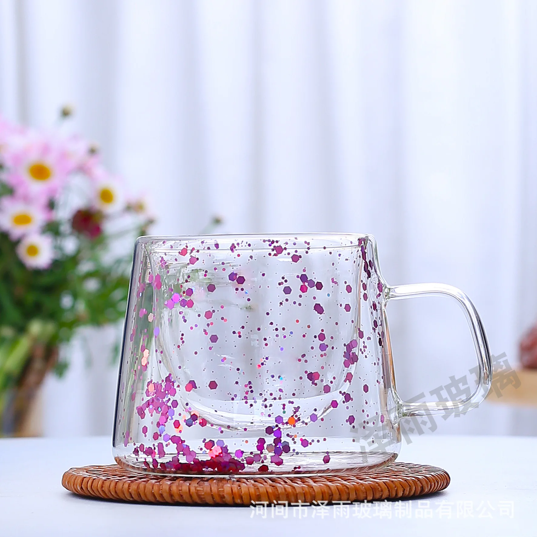 2pcs Dried flower double petal glass quicksand cup creative  high temperature resistant transparent real flower high