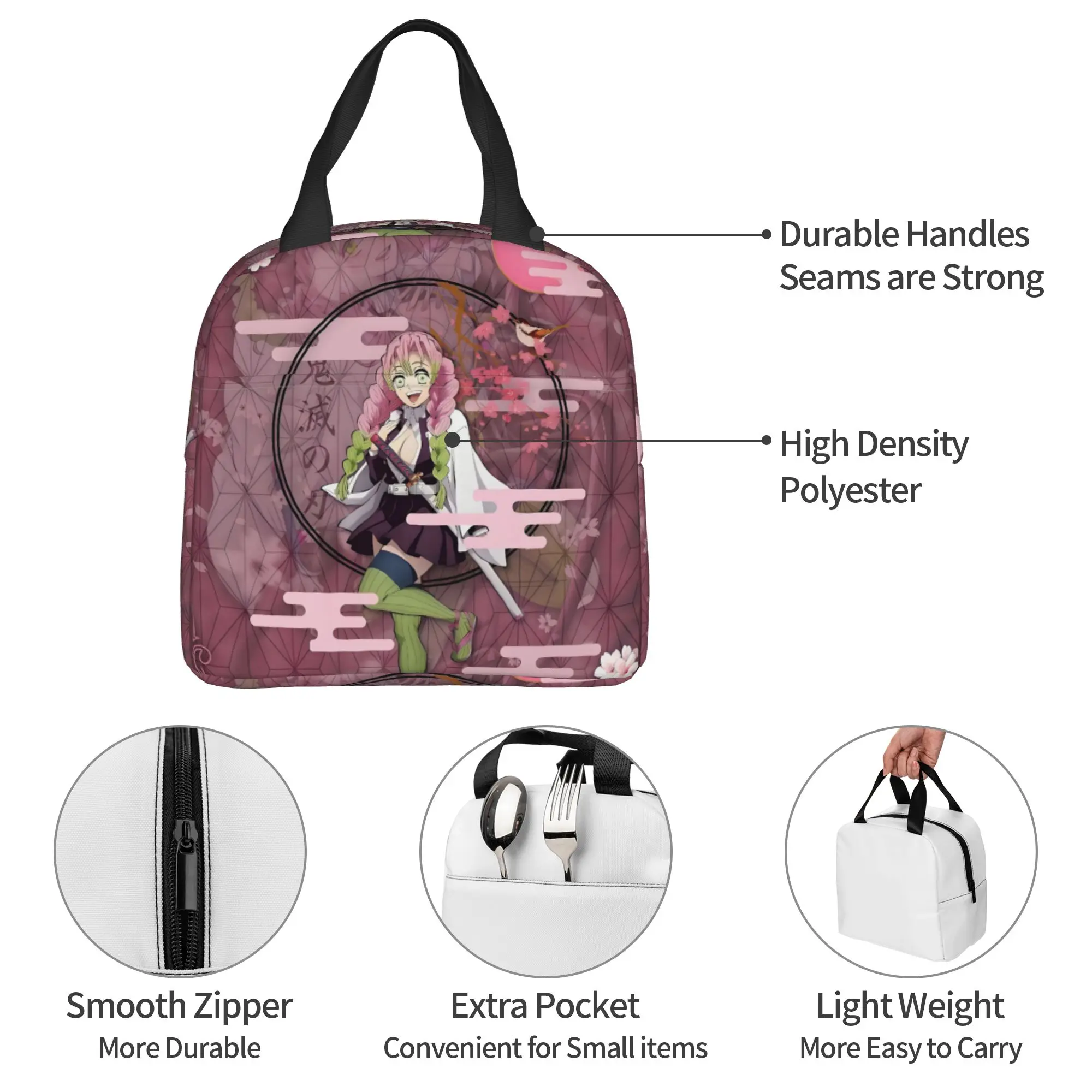 Custom Comic Kanroji Mitsuri Insulated Lunch Tote Bag for Women Demon S-Slayer Portable Thermal Cooler Bento Box School view 3