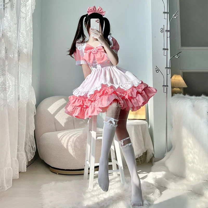 Seksowny Plus Size pokojówka Cosplay głęboki dekolt garnitur alicja różowy kot sukienka z kokardą śliczna księżniczka Lolita miękka dziewczyna strój Disfraz Anime