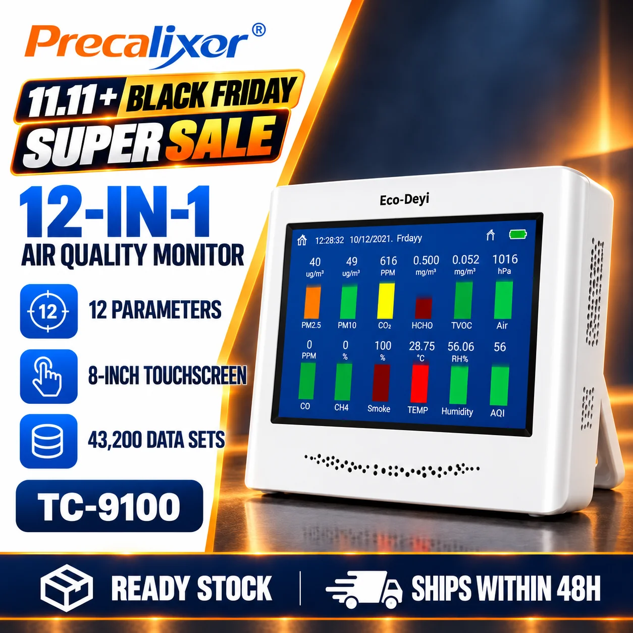 Air Quality Monitor CO2 PM2.5 PM10 HCHO TVOC Detector 8 Inch Touchscreen USB Data Logger PDF Report Home Office