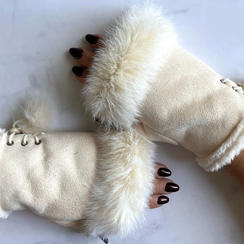 قفازات كلاسيكية من القطيفة الصناعية بدون أصابع من الجلد الأبيض قفازات مطاطية ناعمة للنساء والفتيات ملحقات قفازات شتوية سميكة ودافئة