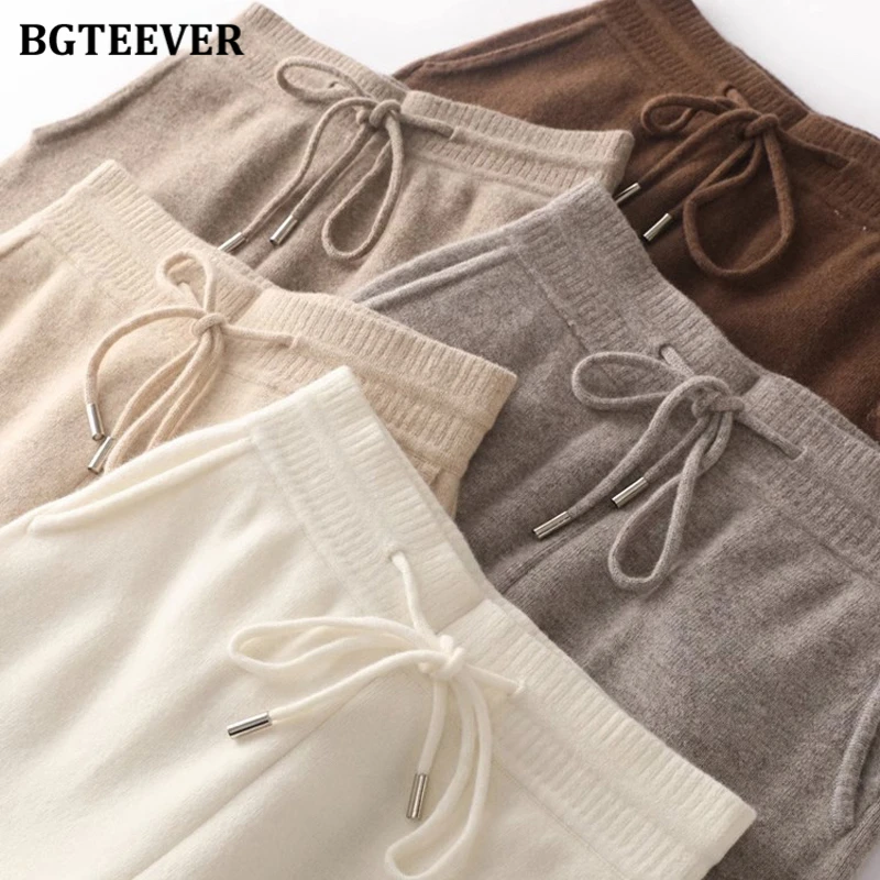 BGTEEVER Elegant Warm Loose Female Drawstring Knitted Pants Winter Elastic Waist Pockets Wide Leg Sweater Trousers for Women