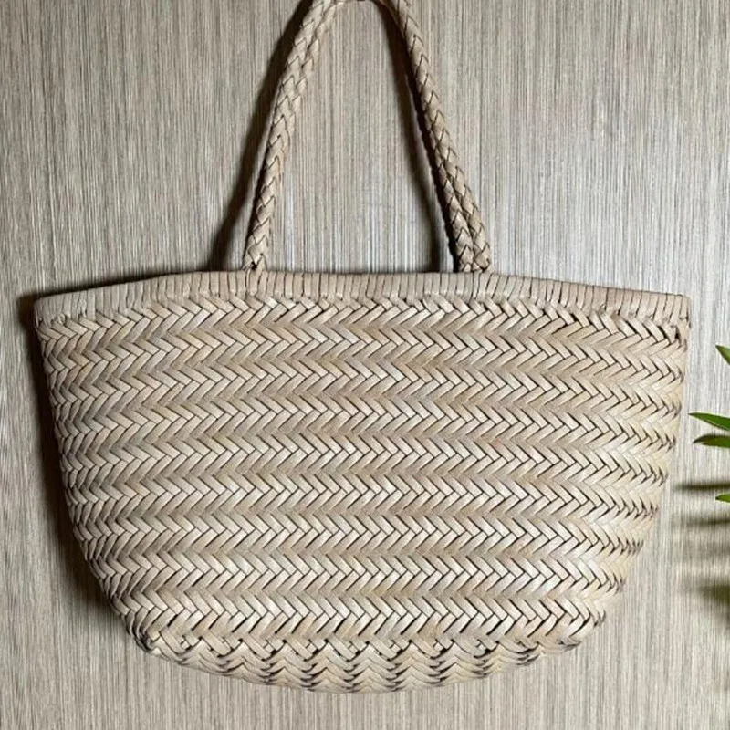 Vintage Shopping Bag First layer cowhide woven bag Genuine Leather Woven casual vegetable basket bag +Casual Woven Inside Bag