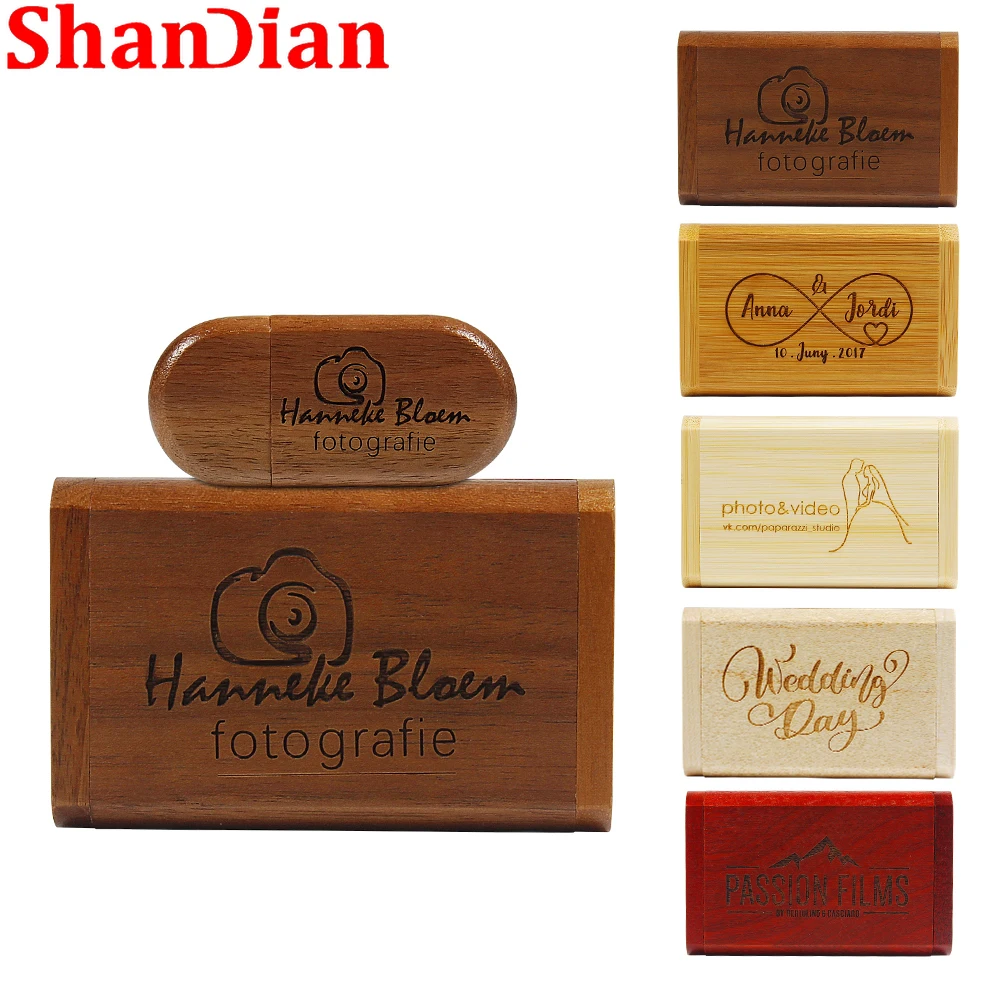 

SHANDIAN Free Custom Logo USB Flash Drives 128GB Wooden USB+gift Box Pen Drive 64GB 32GB Wedding Photography Memory Stick Gift