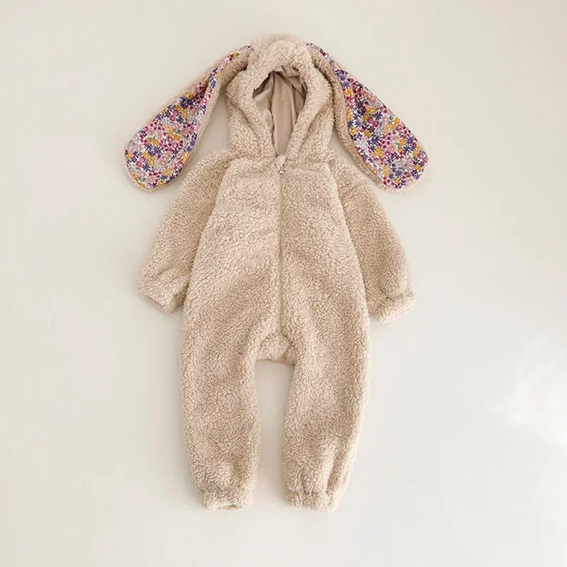 Warme Fleece Baby Kaninchen Strampler für Herbst Frühling Neugeborenen Mit Kapuze Pyjamas Overalls Kleinkind Plüsch Homewear Kleidung – Detail 1