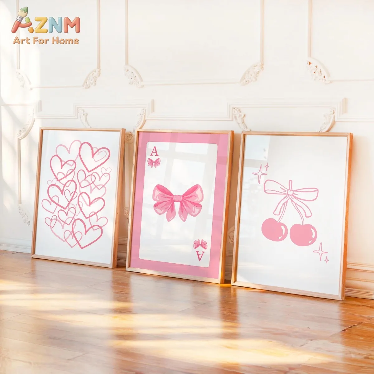 AZNM Pink Playful Minimalist Bow & Heart Poster Set Modern Fashion Dorm Wall Decor Canvas Home Room Decor Valentine's Day Gift