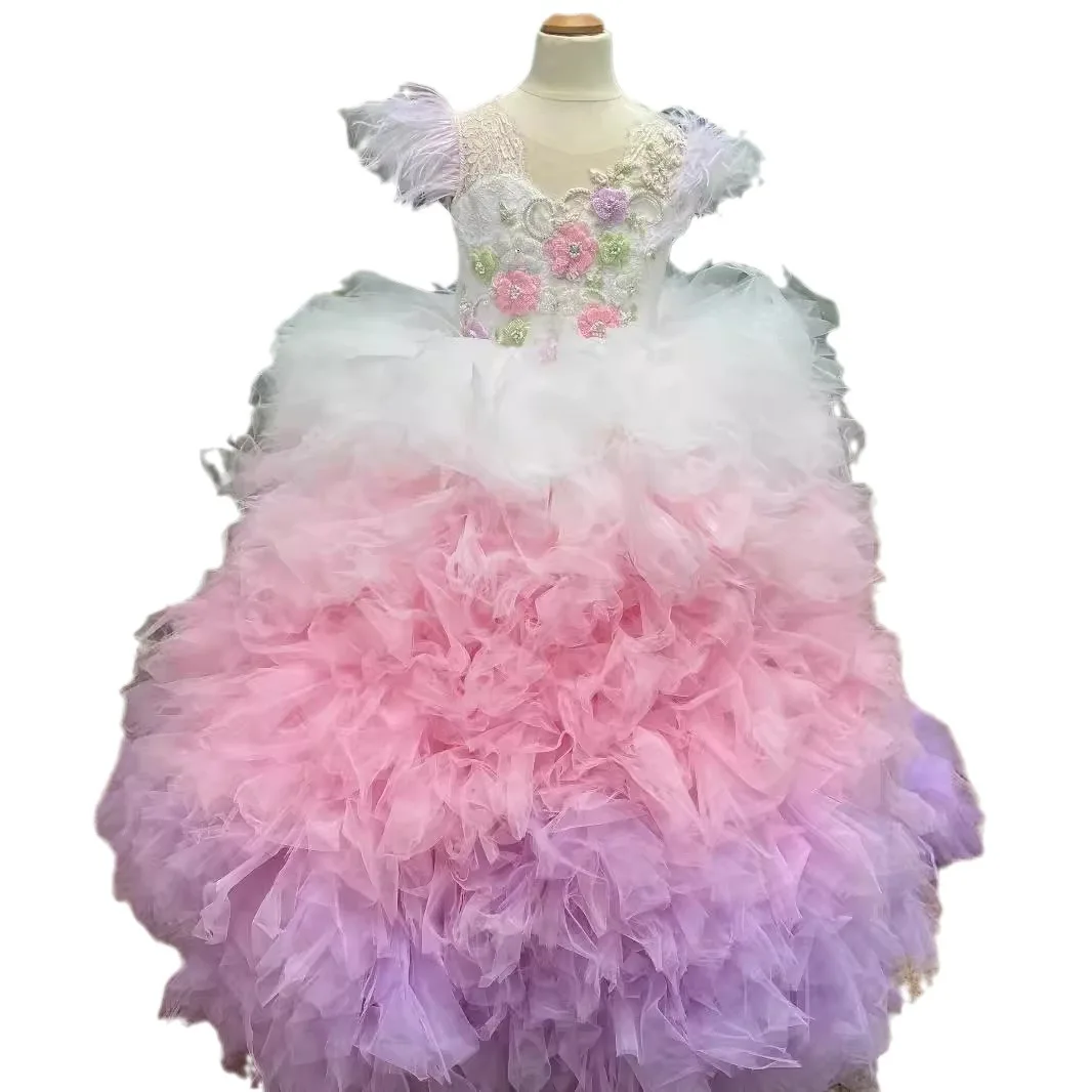 Pink Girl Princess Dress Lace Puffy Flower Girl Dresses Short Feather Sleeve Girl Birthday Dress Wedding Party Dress Baby Dress