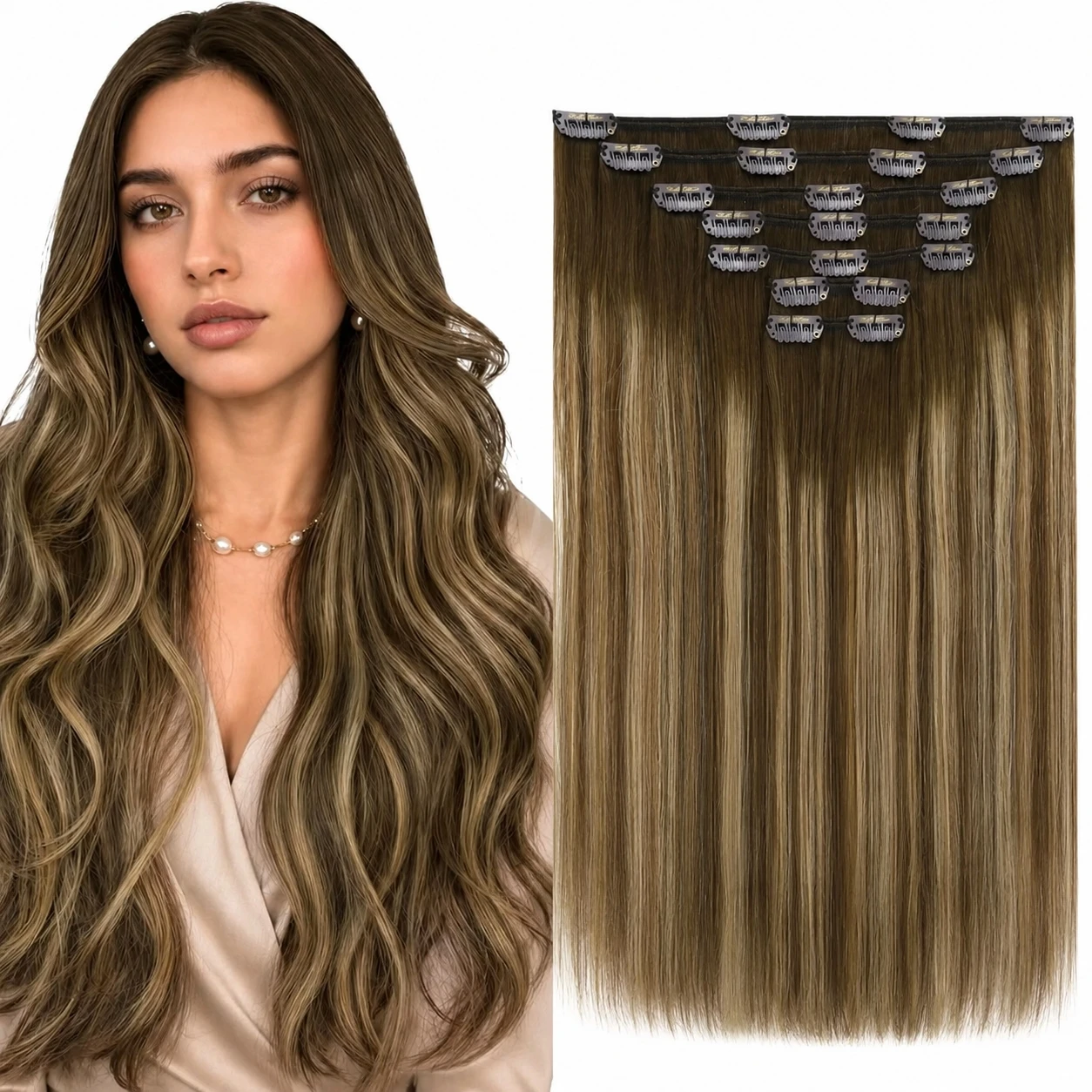 Full Shine Clip on Human Natural Hair Extensions 7 Pcs Weave Clip in Remy Straight Hair for Women