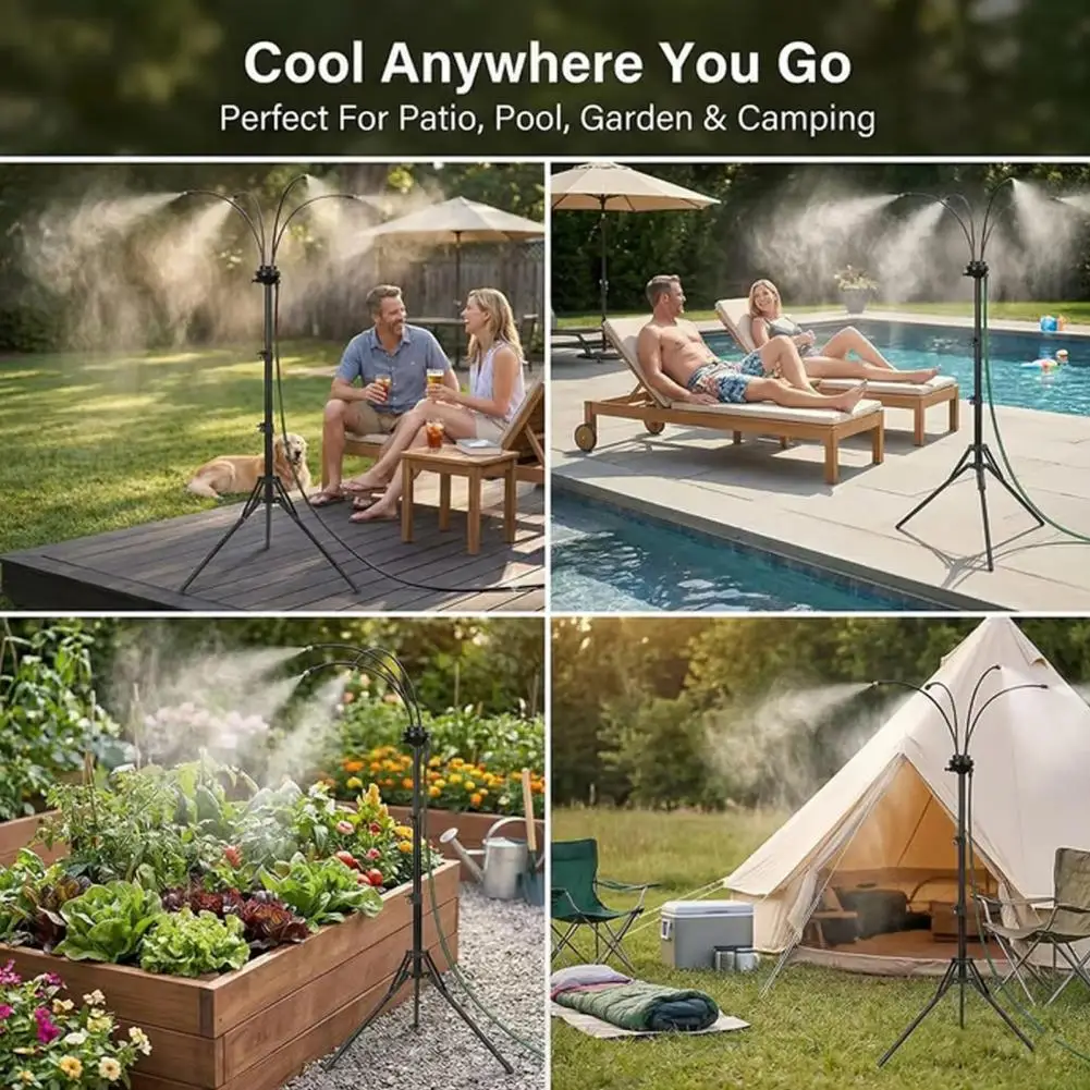 VelmoraMart outdoor misting system installed on a wooden patio providing cooling mist