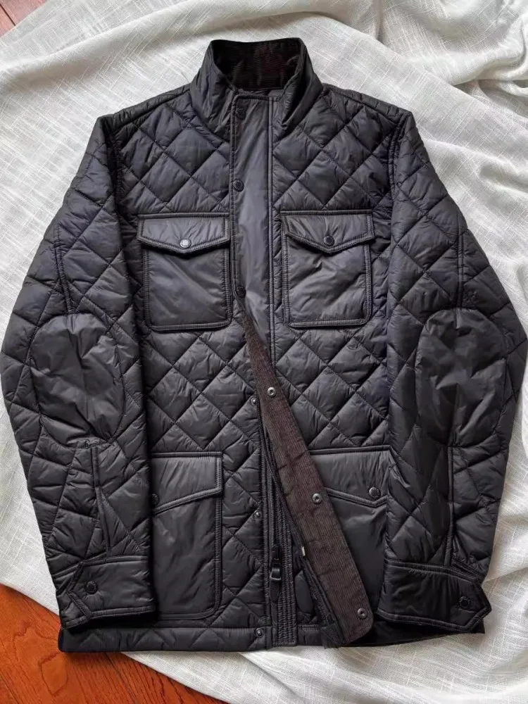 Classic Retro Argyle Males Parkas Outerwear Stand Collar Multi Pocket Autumn Winter Zippers Jacket Warm Daily Casual Overcoat