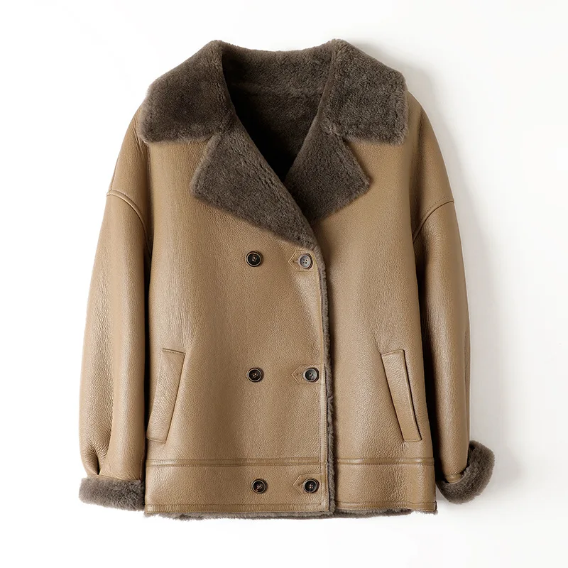 Imported Genuine Sheepskin Shearling Jacket for Women 2025 Winter Thicken Silhouette‌ Real Leather Lambswool Casual Warm Jacket