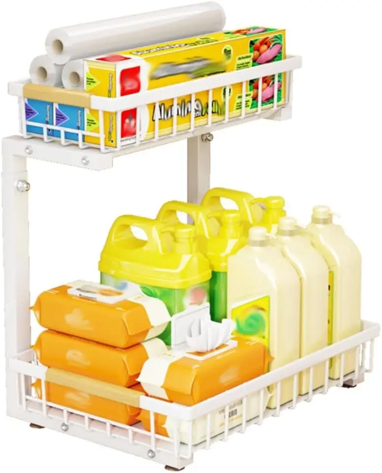 Garvee 2 Tier White/Black Under Sink Organizer Pull Out Sliding Drawer Fixed Metal Storage Rack for Kitchen Bathroom, Cleaning & Spice Organizer