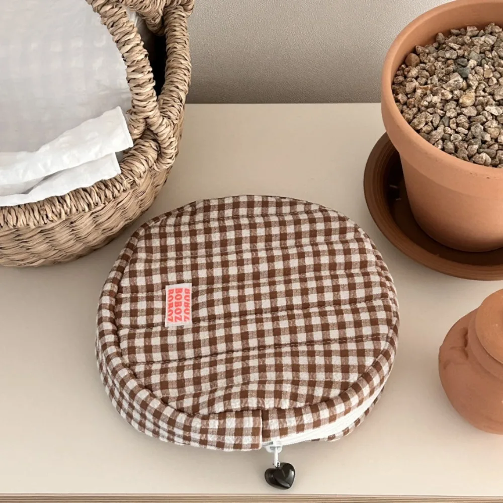 

Round Ins Cosmetic Bag Korean Style Large Capacity Plaid Toiletry Organizer Stationery Bag Coin Pouch Cotton Coin Purse Travel