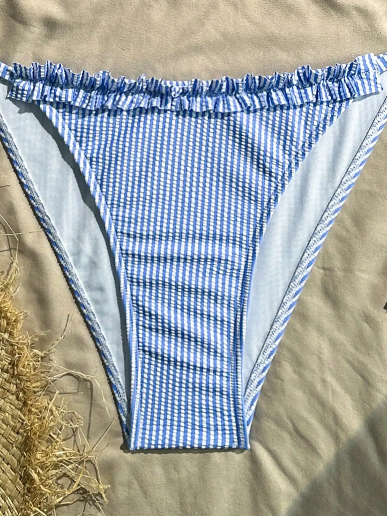 

2pcs Blue White Plaid Ruffled Bikini Set For Beach Vacation Summer