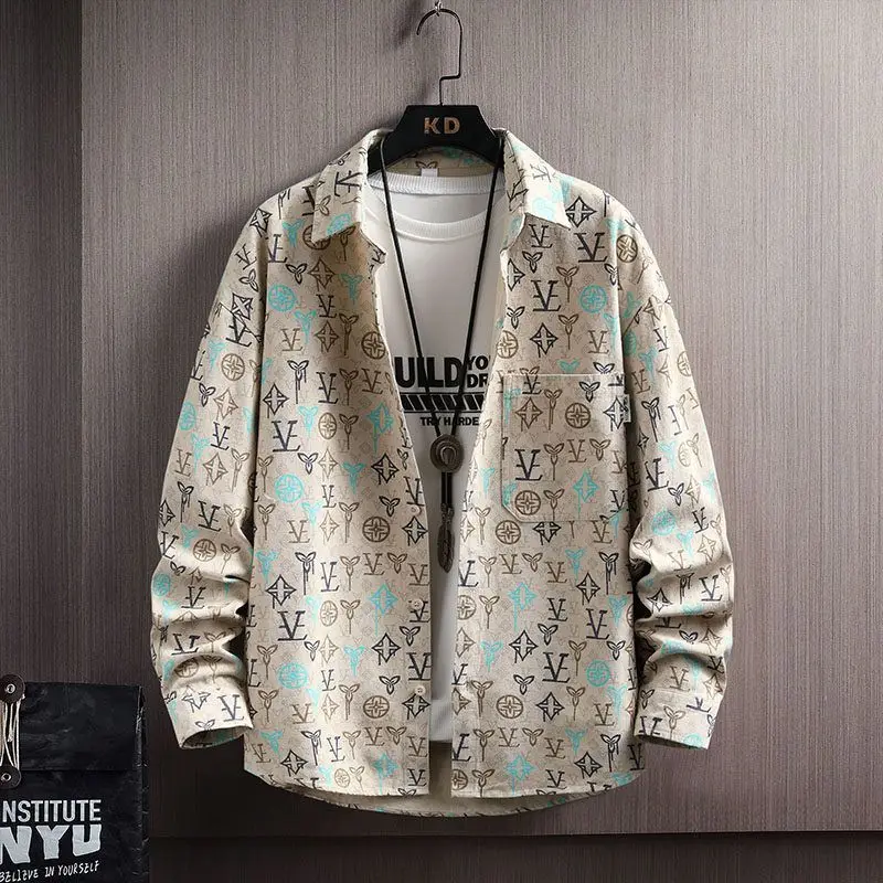 

2025 new long-sleeved shirt shirt men's trend print spring versatile top