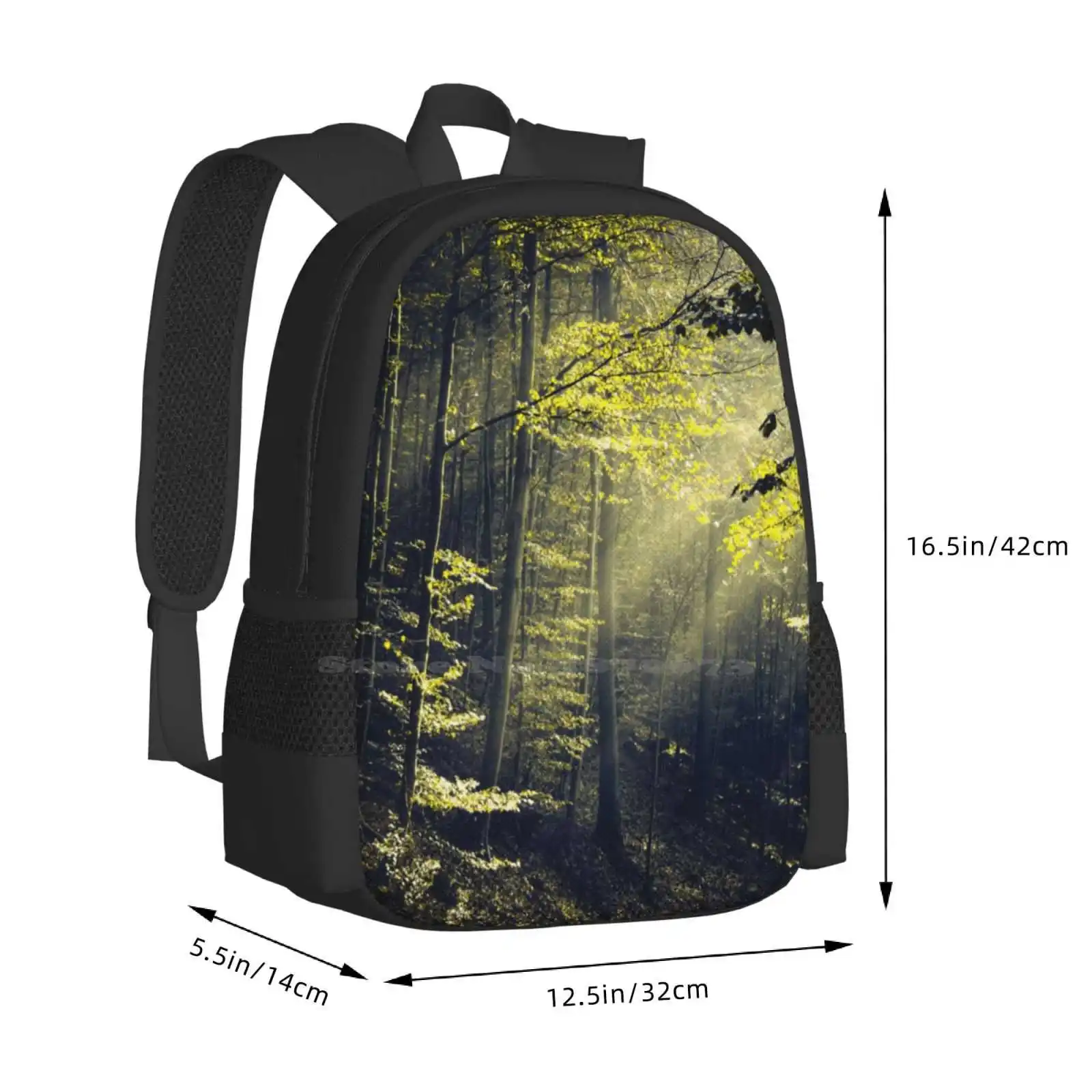 Being There-Morning Light In Forest Pattern Design Laptop Travel School Bags Rays Of Light Hill Deciduous Woods Misty Landscape