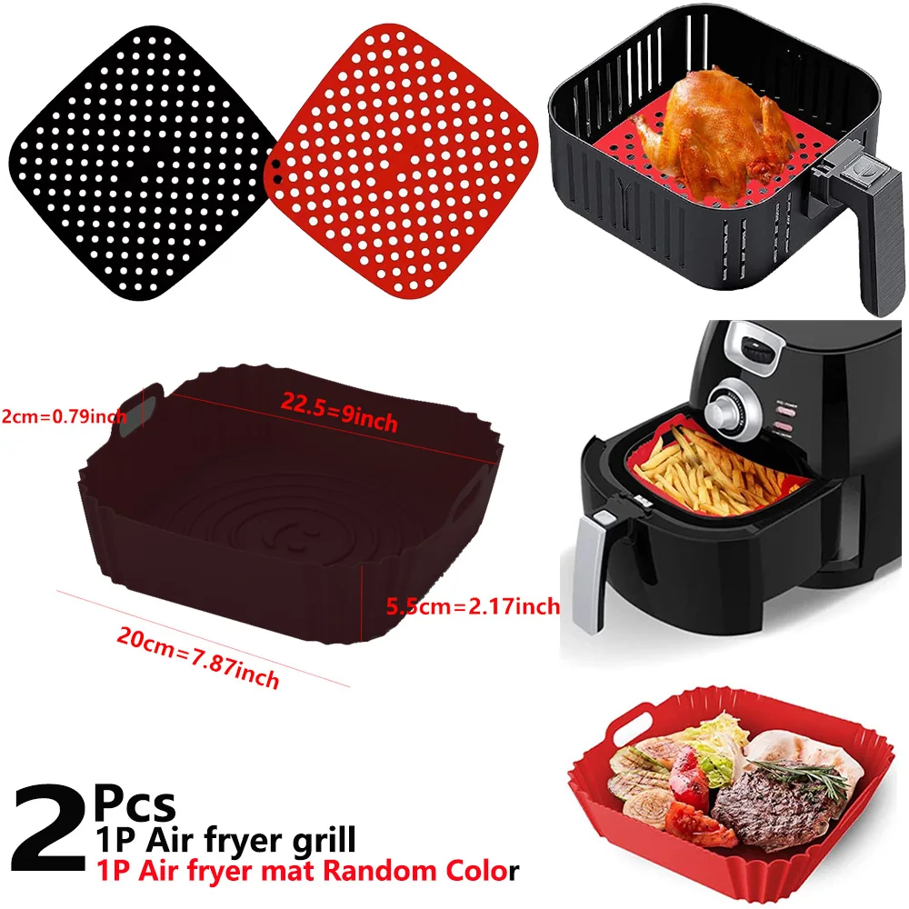 2Pcs Air Fryer Silicone Basket Silicone Mold Airfryer Oven Baking Tray Pizza Fried Chicken Basket Reusable Pan Liner Accessories