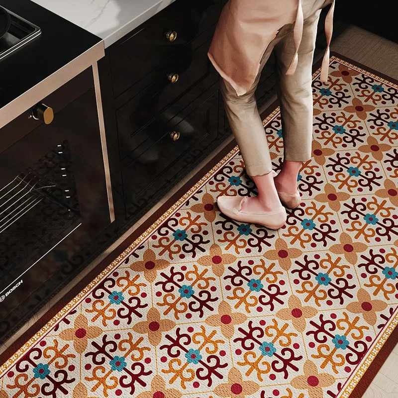 Kitchen Floor Mats Vintage Azulejo Tile Rug Waterproof Anti-slip Carpet Washable Wipeable Easy Clean Mat Long Strip Runner Rugs