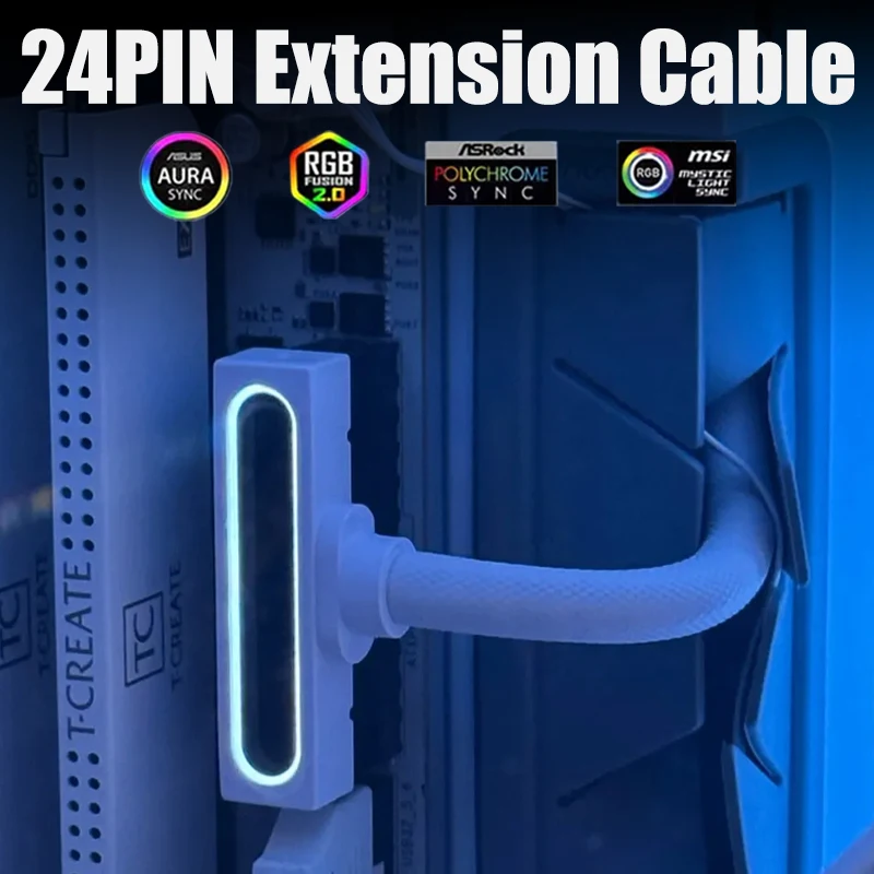 24PIN PC PSU Extension Cable ARGB with 5V 3Pin,18AWG 90 Degree Power Cable Integrated Minimalist Design Management & DIY