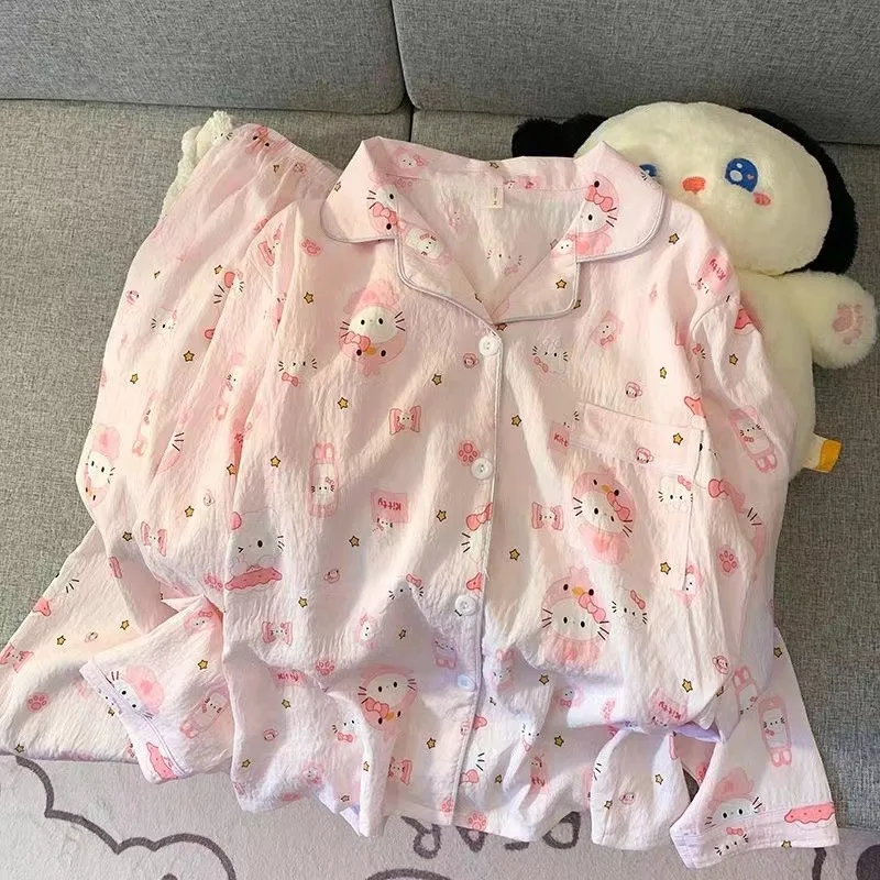 

Sanrios Hello Kitty Pajamas Suit Schoolgirl Spring Comfortable Long-Sleeved Nightclothes Kawaii Casual Home Wear Sleepwear