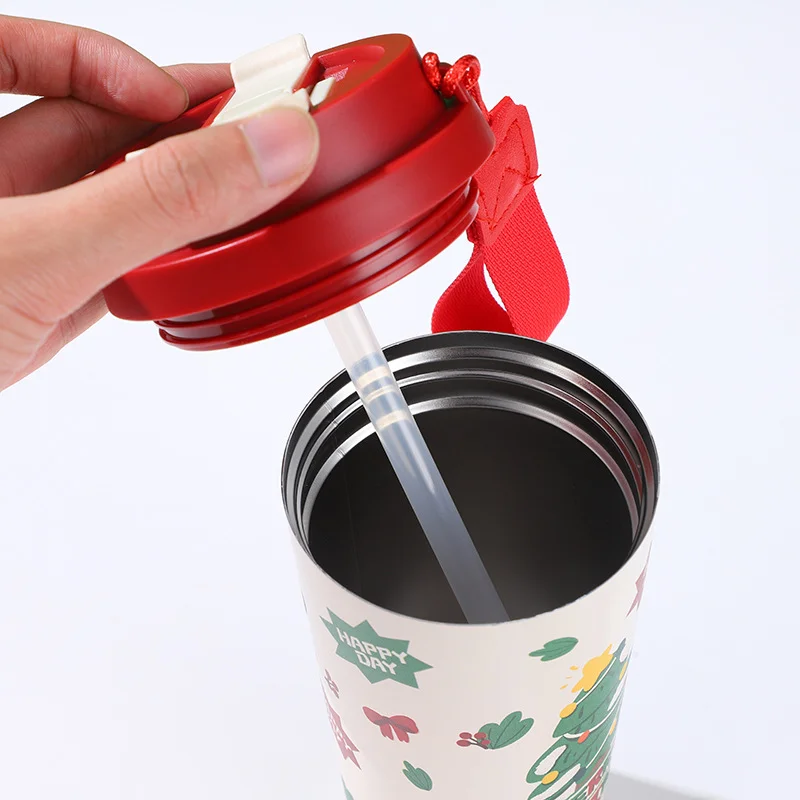 316 ترمس من الفولاذ المقاوم للصدأ زجاجة 500 مللي سعة كبيرة كوب عازل هدية الكريسماس كوب المحمولة القش فراغ قوارير بحبل