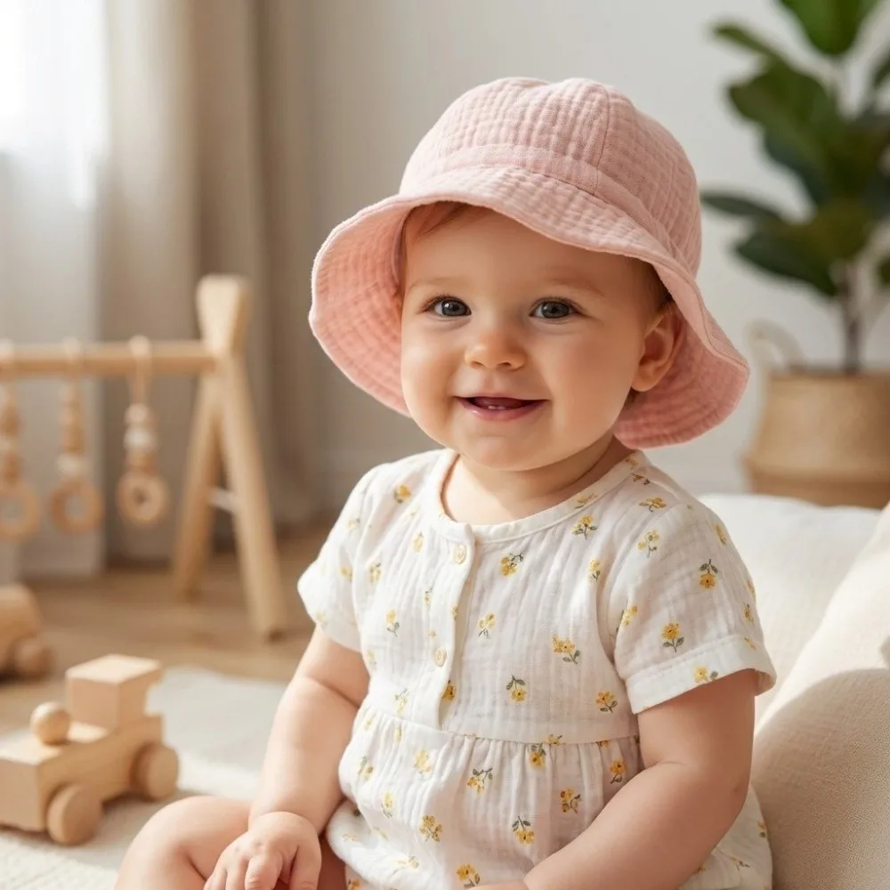 New Cotton Muslin Summer Hat Breathable Gauze Soft Edge Sun Hat Pleated Design Short Eave Fisherman Hat Summer Season