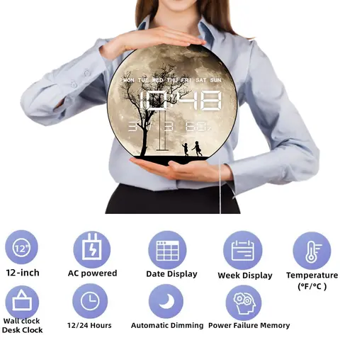 पूर्णिमा पर झूलने वाली बड़ी डिजिटल दीवार घड़ी, टाइमर, दिनांक, तापमान, वृक्ष छाया कला, एलईडी स्वचालित रूप से मंद होने वाली इलेक्ट्रॉनिक दीवार घड़ी के साथ 6 best sales चाँद की दीवार घड़ी - №2