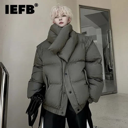 IEFB 남성용 패션 코트, 두꺼운 분리형 네커치프 슬리브, 스탠드 칼라, 느슨한 남성복, 단색 패딩 재킷, 9C8107 