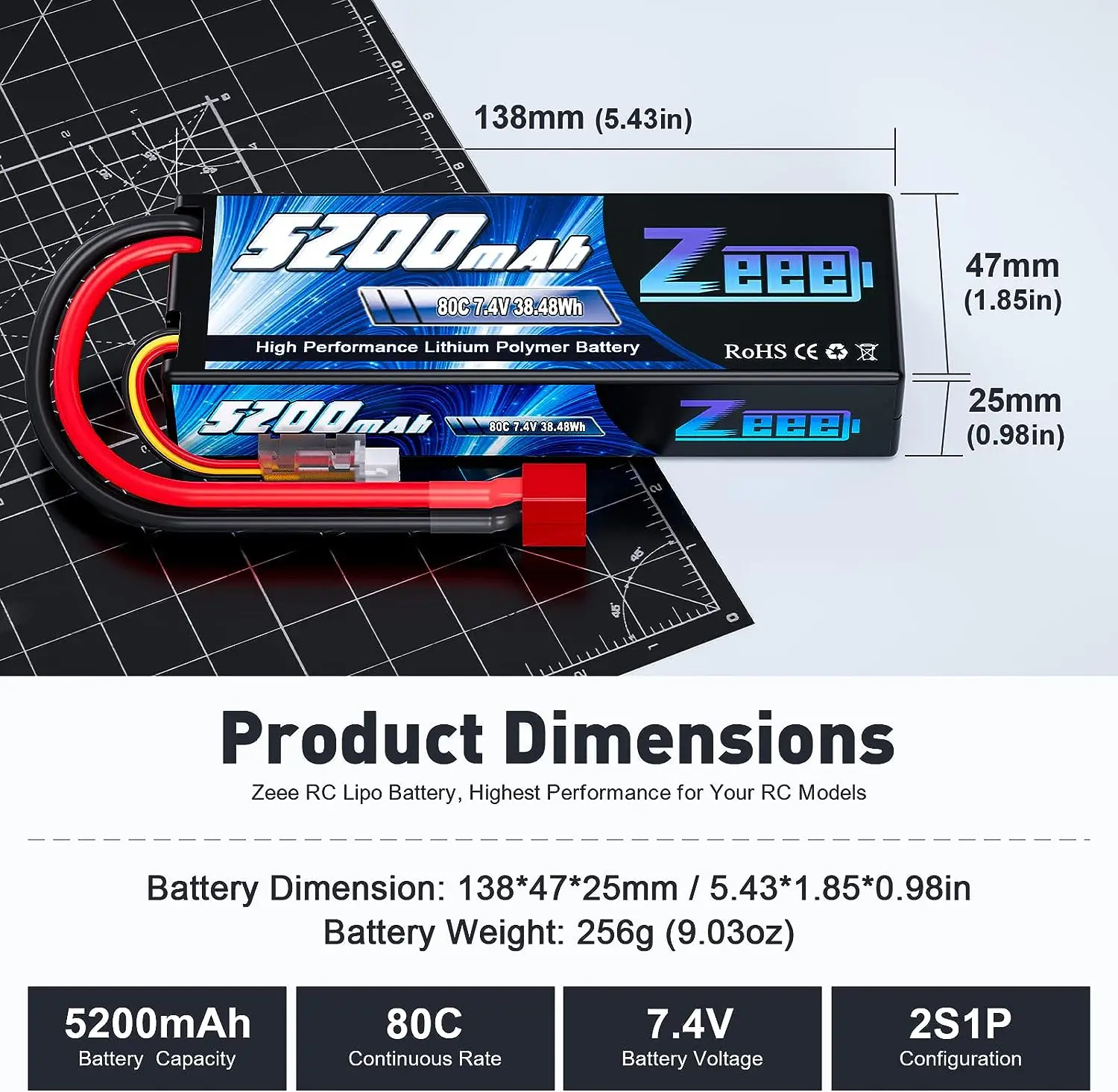 Zeee 2S Lipo Battery 7.4V 80C 5200mAh Hardcase T Plug for 1/8 1/10 RC Car Truck Tank RC Buggy Truggy RC Airplane Racing Parts