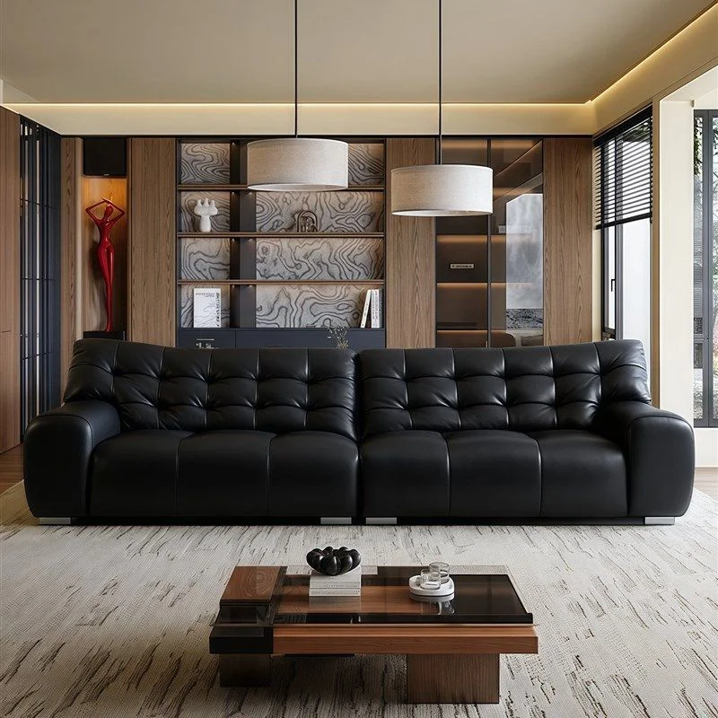 

#Modern Luxury Nordic Style Three-Seater Bed Sofa Set Genuine Leather Sectional Couch for Living Room Black Color
