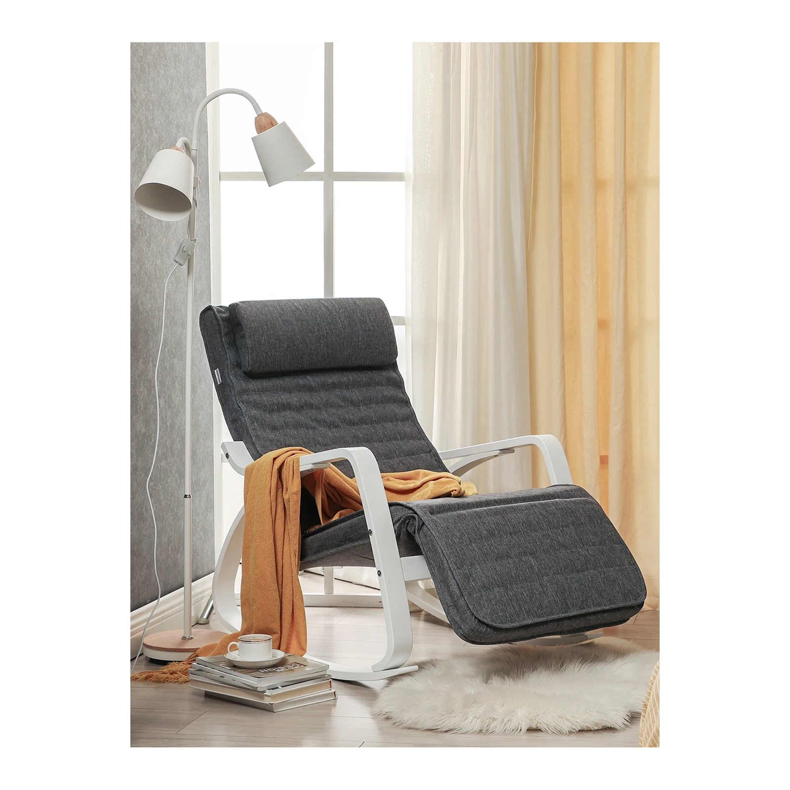 SONGMICS Rocking Chair: Birch Wood Armrests, 5-Position Footrest. Max Load 150 kg. Bedroom, Living Room.