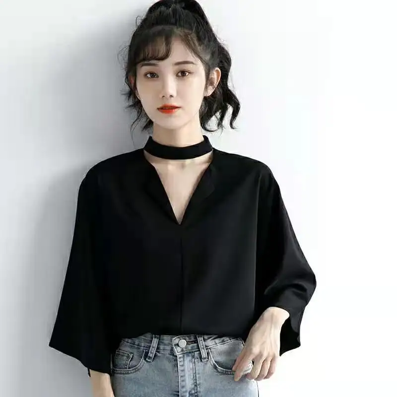 Women Summer Korean Simplicity Loose Solid Color Appear Thin V-neck 3/4 Sleeve Shirts Women Clothes Casual All-match Trend Tops