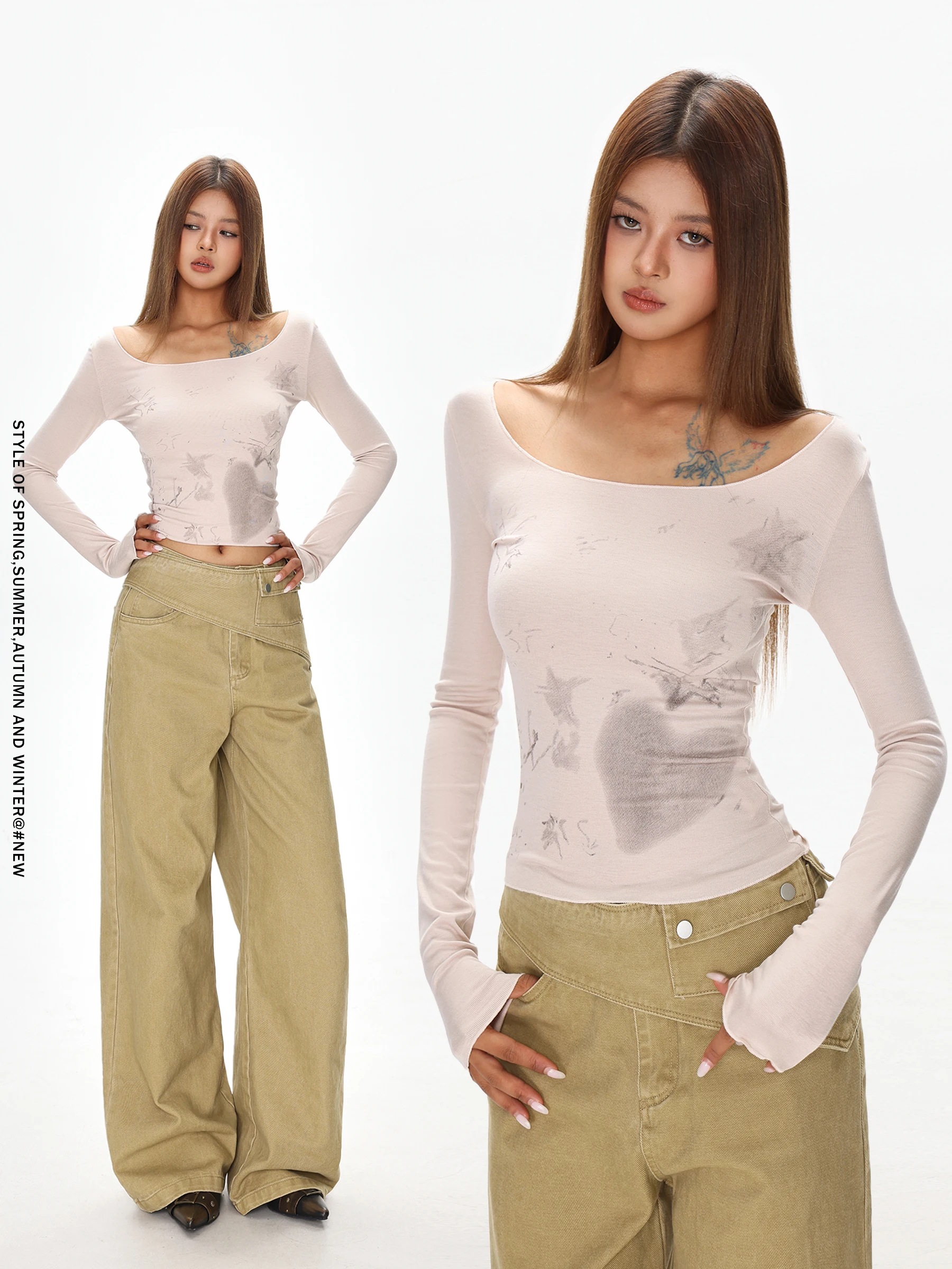 

November Dyed Large Collar Base Shirt Women's Winter Spicy Slim Fit Thin Long Sleeve American Waist Inward Short Top