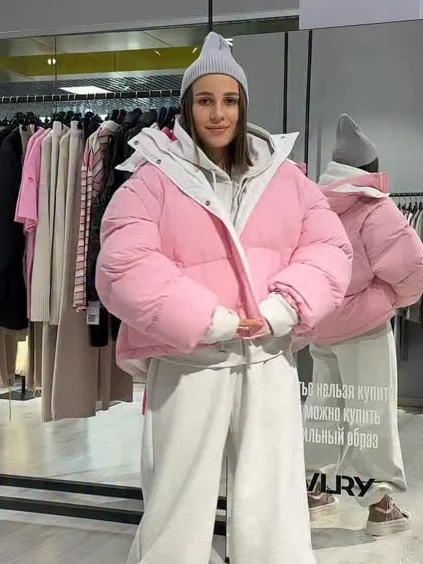 Abrigo corto de algodón con capucha rosa para mujer, abrigos holgados elegantes de manga larga con cuello levantado y cremallera de un solo pecho, ropa de calle cálida para invierno