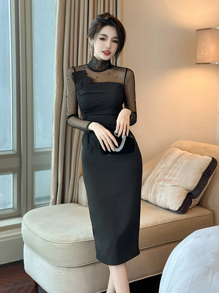 ファッション 春秋 メッシュ シアー ロング イブニングドレス レディース エレガント スリム ミディ丈 パーティー プロムドレス 女性用ドレス