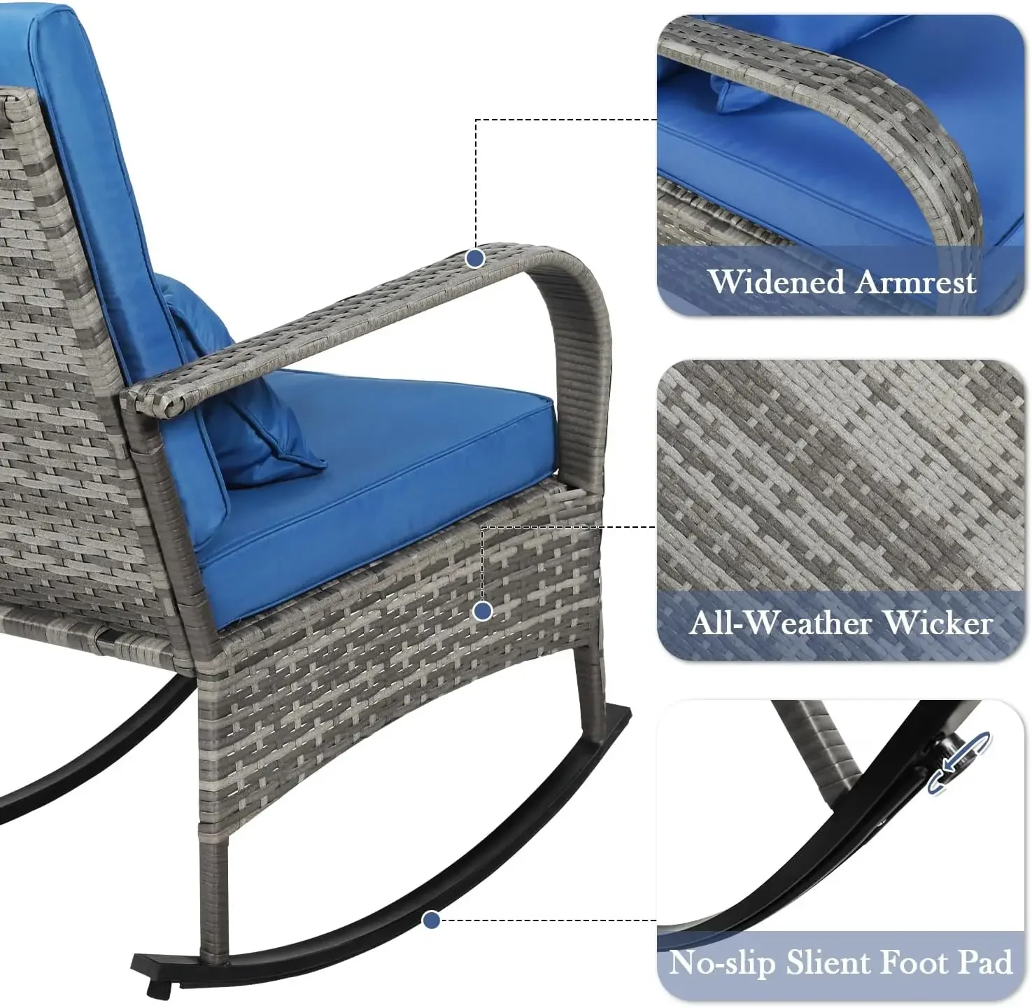 3 Pieces Patio PE Rattan Chair Set, Outdoor Furniture Rocking Chair Set with Water-Proof Cushion&Coffee Table for Garden,Backyar image 5