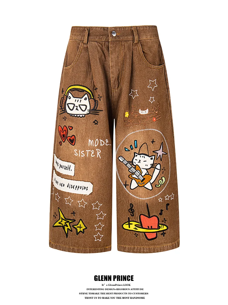 

American Retro Cartoon Embroidery Straight Leg Jeans Men Loose Wide Leg Seven-Foot Pants Comfortable Cotton Casual Shorts