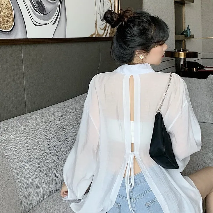 

Women's Ice Silk Sun Protection irt Thin Design Summer White Air Conditioning See-tough Ba Open Cardigan Top Collar